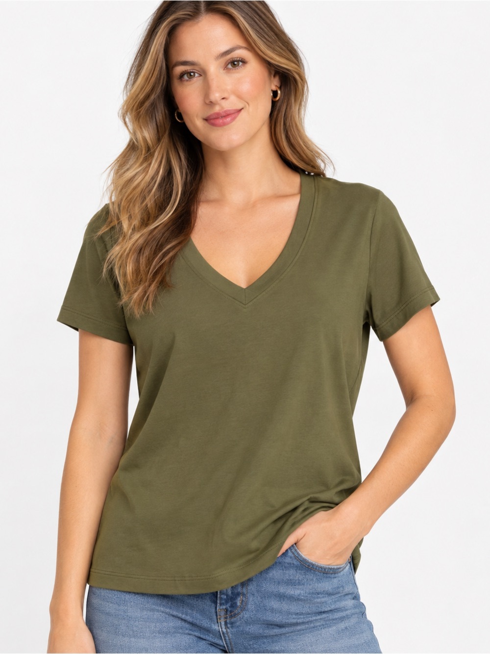 SPANX Cool Cotton V-Neck Tee Dark Pine Green Size M NWT